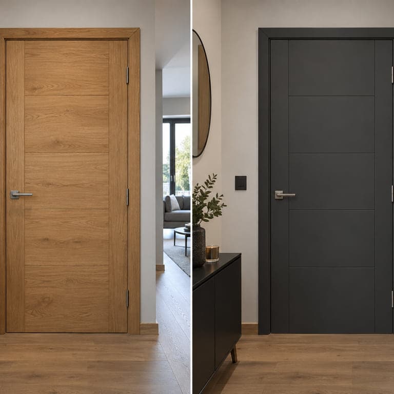 Möbelfolierung einer Türe: links in Holzoptik, rechts in Anthrazit foliert